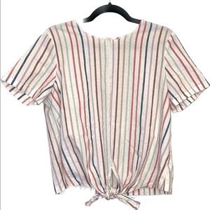 Button Back Tie Tee in Rainbow Stripe